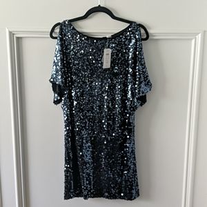 Stunning NEW Cache Navy Sequin cold shoulder  dres